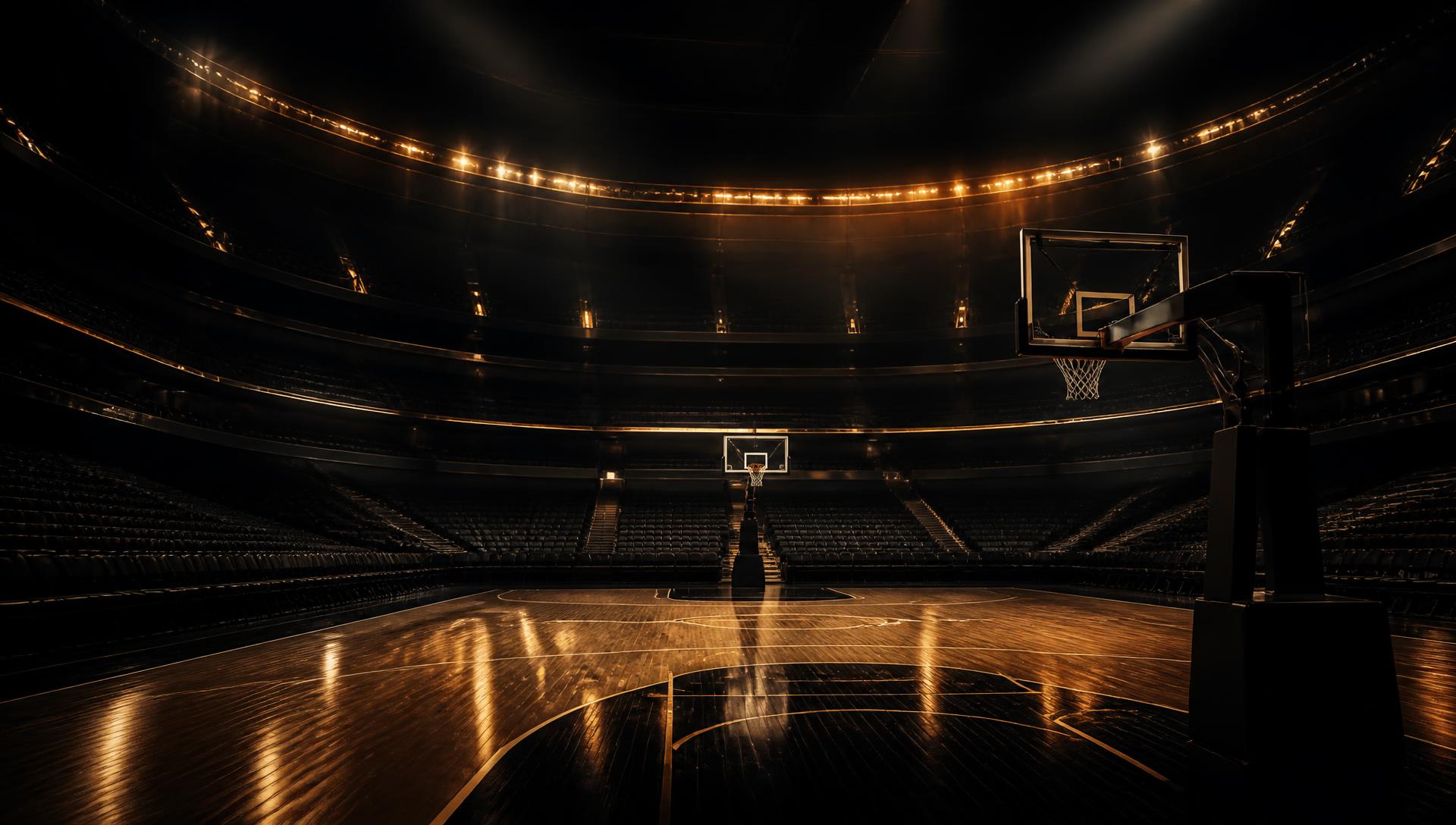 Empty basketball arena lit in gold at night